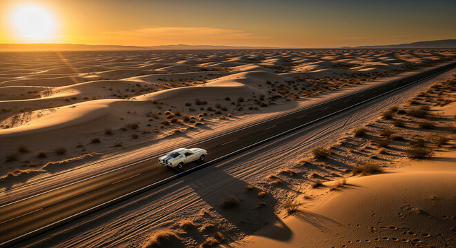Muscle car speeding down a lonely desert road at sunset. Ideal for travel vlogs, automotive ads, and adventure backgrounds.