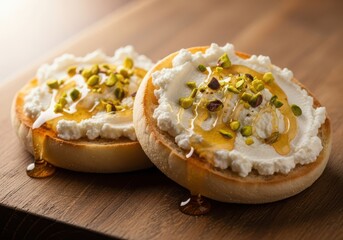 Toasted english muffins with creamy ricotta cheese, chopped pistachios, and sweet honey drizzle