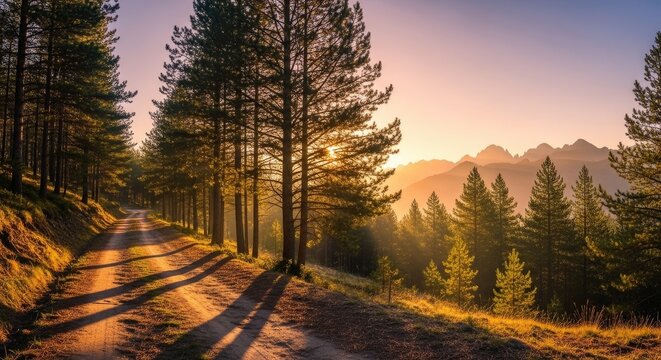 Sunrise over a winding dirt road in a tall pine forest with distant mountains and golden morning light