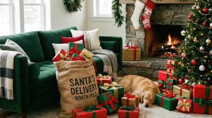 Festive Christmas Decorations with Presents and Golden Retriever by Fireplace