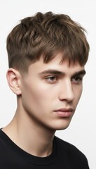 Handsome young man with a stylish modern textured crop haircut in a studio portrait