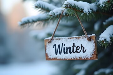 A snowy �Welcome Winter� sign hanging from a frosted pine tree.
