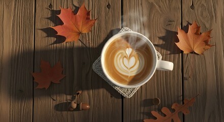Overhead View of a Steaming Latte Coffee with Heart-Shaped Latte Art, Surrounded by Autumn Maple Leaves and Acorns on a Rustic Wooden Table in Sunlight