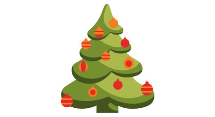 Illustration of a Christmas tree decorated with red and orange ornaments.