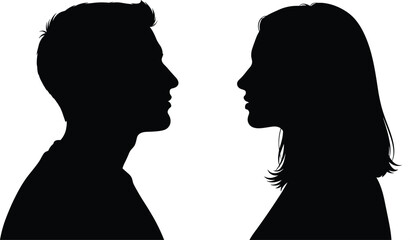 Silhouette of man and woman face profiles looking at each other, male and female heads vector illustration isolated