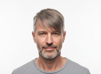 Portrait of a mature man with graying hair and a beard against a white background