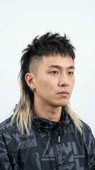 Portrait of a young stylish Asian man with a modern mullet haircut
