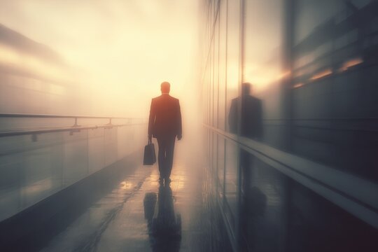 Businessman walking through a modern airport environment in the early morning light with blurred reflections in the background