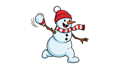 Cartoon snowman throwing a snowball with red hat and scarf.