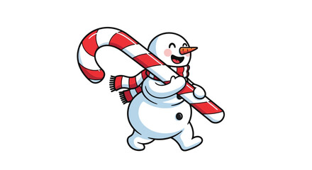 A cheerful cartoon snowman wearing a striped scarf walks while carrying a large candy cane.