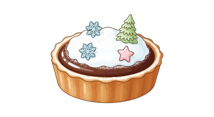 Festive chocolate tart with white topping, snowflake and Christmas tree decorations.