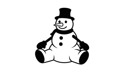 A simple black and white graphic illustration of a friendly snowman sitting down, wearing a top hat and scarf.