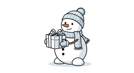 A cheerful snowman wearing a hat and scarf, holding a wrapped gift, smiling.