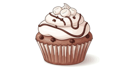 A detailed illustration of a chocolate chip cupcake with white frosting, chocolate drizzle, and mini marshmallows on top.