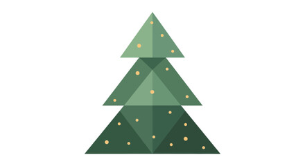 A minimalist geometric Christmas tree made of green triangles with golden lights on a white background.
