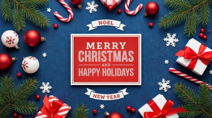 Festive Christmas holiday background with decorations, ornaments, gifts, and fir branches on a blue table