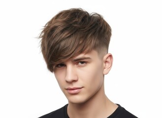 Young man with stylish layered haircut and side fringe