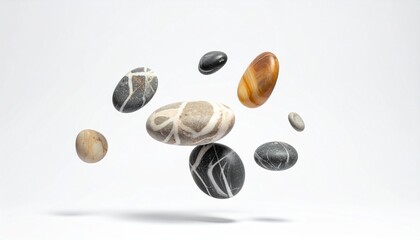 Assorted pebbles on white background