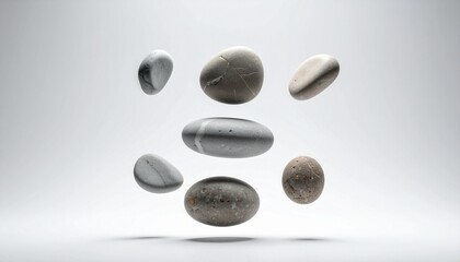 Assorted pebbles on white background