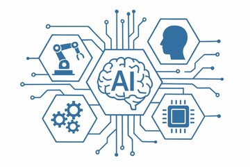 Artificial intelligence concept with brain, robot arm, gears, chip and human head icons in hexagons connected by circuit lines on white background. Ai generative