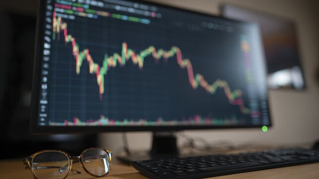 Analyzing financial market trends on computer screen with glasses and keyboard - Powered by Adobe