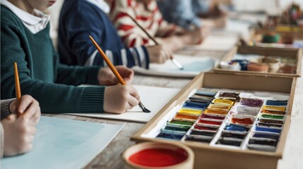 Children painting in art class with watercolors and brushes on a wooden table
