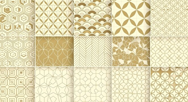 Collection of seamless golden geometric patterns in a grid layout for decorative backgrounds