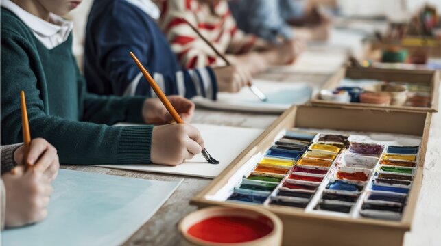 Children painting in art class with watercolors and brushes on a wooden table