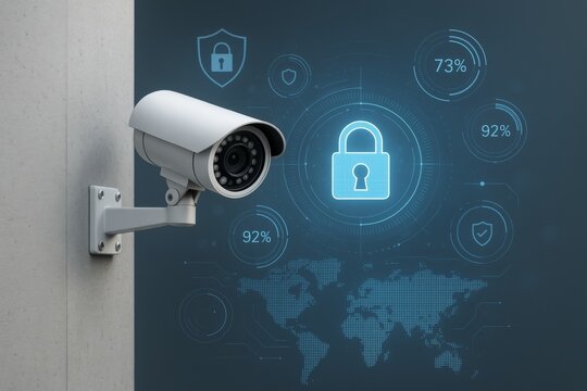 Surveillance camera on wall with digital cybersecurity lock interface and world map on dark background illustrating data protection technology concept. Ai generative