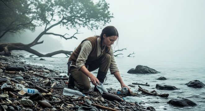 Young woman collecting plastic bottles and litter from a polluted rocky lake shore on a foggy day for environmental cleanup