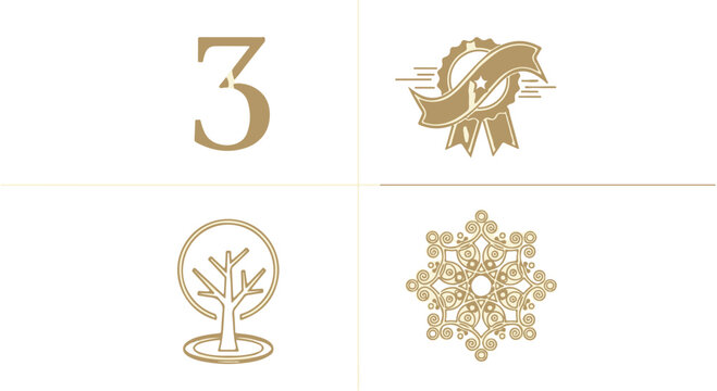 Elegant gold abstract decorative vector design elements including ribbon award and number three isolated PNG with Transparent Background