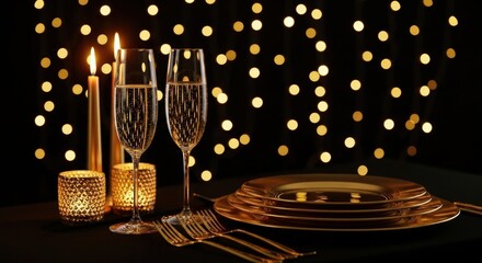 Elegant table set with two sparkling glasses, golden plates, lit candles, and warm bokeh lights at night