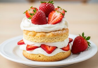 Delicious stack of strawberry shortcake dessert with whipped cream and fresh berries on a plate