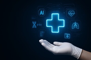 Doctor’s gloved hand presenting futuristic holographic medical icons including AI, DNA, and healthcare symbols on digital interface concept background. Ai generative