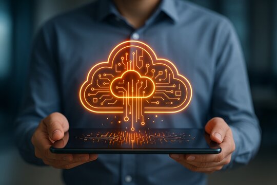 Businessman holding tablet with glowing orange cloud computing icon showing digital data flow and futuristic technology concept in dark background environment. Ai generative