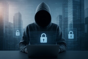 Faceless hacker in hoodie using laptop with floating lock icons symbolizing cybersecurity concept on digital blue city background at night. Ai generative