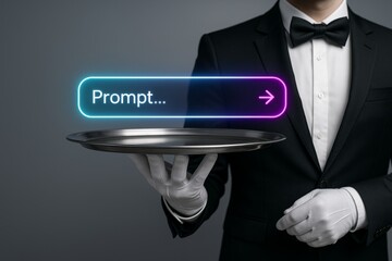 Digital prompt button presented on silver tray by elegant waiter in tuxedo symbolizing technology service concept and user interface assistance. Ai generative