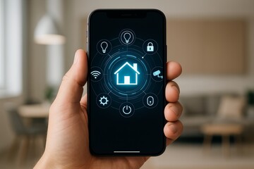 Smart home automation interface on smartphone held in hand, showing connected technology icons for control and security in modern interior background. Ai generative