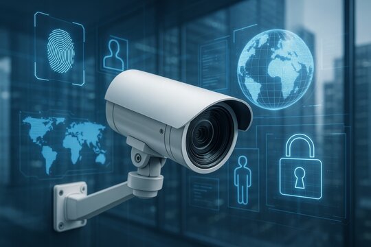 Surveillance camera with digital security icons representing privacy and data protection technology concept in a futuristic office setting background. Ai generative