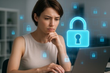 Concerned woman using laptop with glowing padlock icons representing cybersecurity and data protection technology concept in modern digital workspace. Ai generative