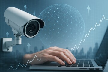 Surveillance technology concept with CCTV camera and person typing on laptop against digital background with data growth chart and network globe. Ai generative