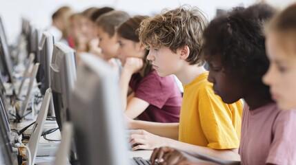 Focused young students engaged in computer learning in a classroom setting