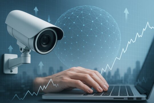 Surveillance technology concept with CCTV camera and person typing on laptop against digital background with data growth chart and network globe. Ai generative
