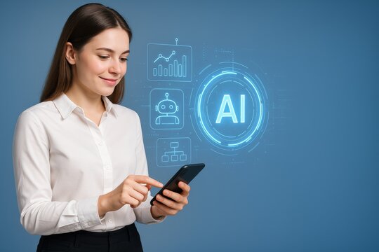 Woman using smartphone with AI technology concept and digital futuristic interface graphics on blue background representing innovation and data analysis. Ai generative