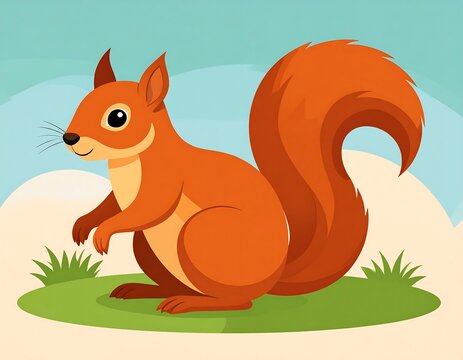 Cartoon illustration of a red squirrel standing on grassy ground