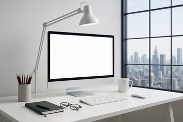 Fototapeta premium Modern minimalist workspace with blank computer screen and office supplies near large window overlooking city skyline in daylight. Ai generative