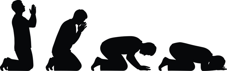 Silhouette sequence of man praying, Islamic namaz steps, kneeling and prostrating worship, religious vector illustration isolated on white