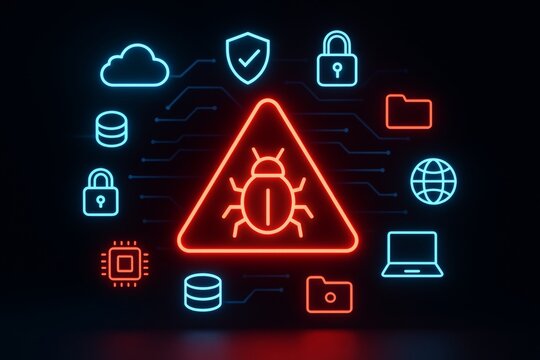 Cybersecurity malware alert concept with neon bug and digital icons on dark background illustrating data threat and system vulnerability technology idea. Ai generative