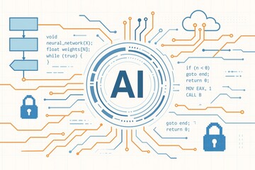 Abstract AI technology interface showing neural network concept, code snippets, cloud computing, and cybersecurity elements in digital circuit style. Ai generative