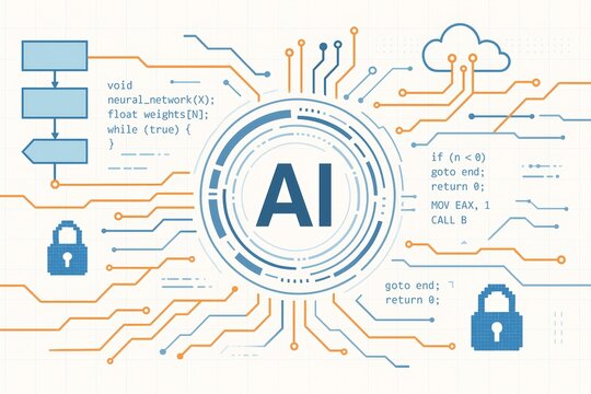 Abstract AI technology interface showing neural network concept, code snippets, cloud computing, and cybersecurity elements in digital circuit style. Ai generative